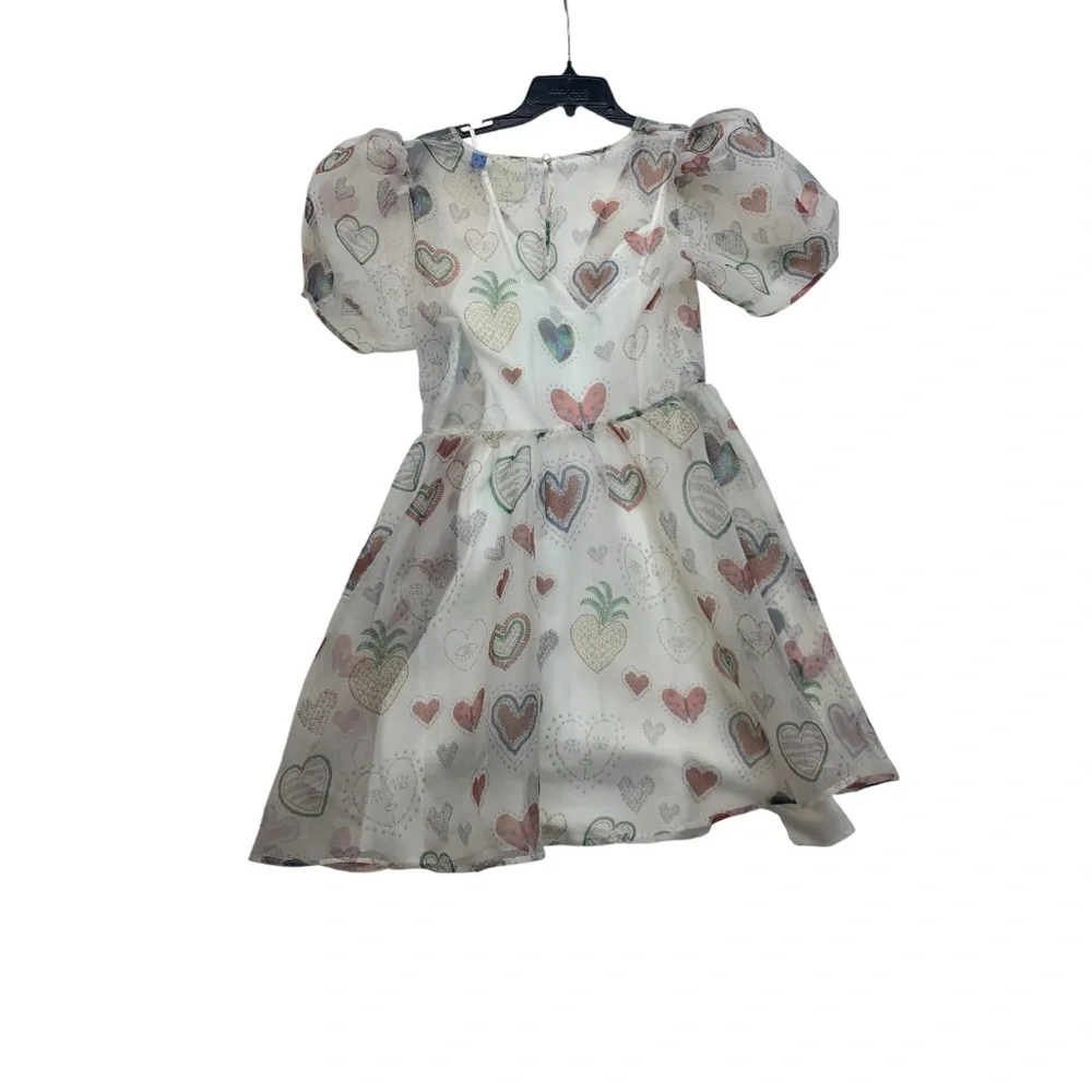 Farm Rio size medium dress semi sheer hearts puff sleeve pineapple mini party - Picture 12 of 12